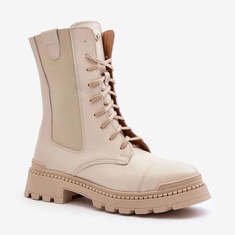 Bottes de travail en cuir à lacets pour femmes Beige clair Nicole 2836