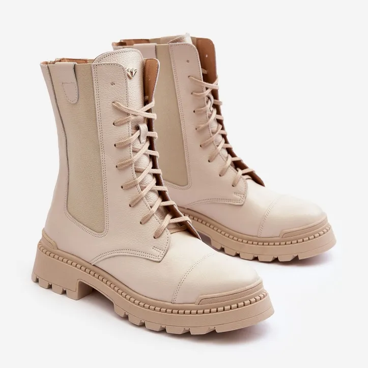 Bottes de travail en cuir à lacets pour femmes Beige clair Nicole 2836