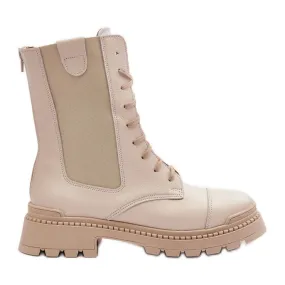 Bottes de travail en cuir à lacets pour femmes Beige clair Nicole 2836