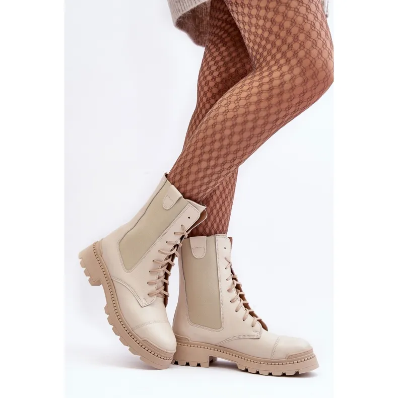 Bottes de travail en cuir à lacets pour femmes Beige clair Nicole 2836