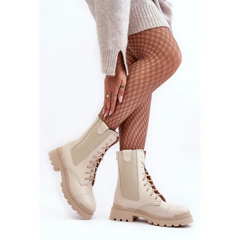 Bottes de travail en cuir à lacets pour femmes Beige clair Nicole 2836