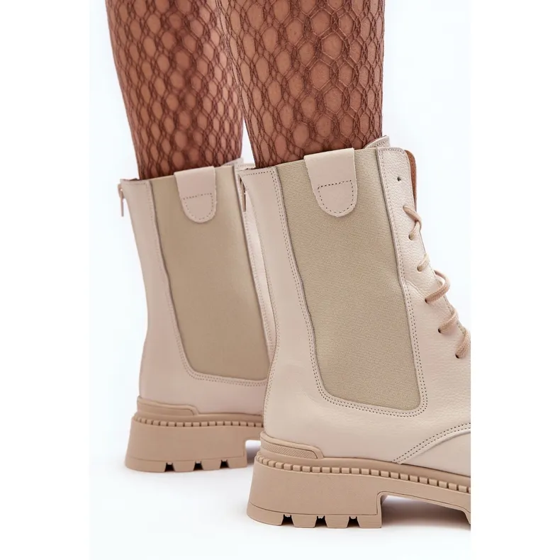 Bottes de travail en cuir à lacets pour femmes Beige clair Nicole 2836