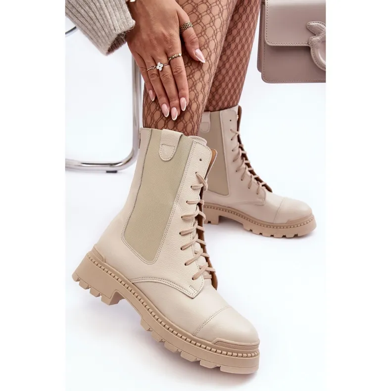 Bottes de travail en cuir à lacets pour femmes Beige clair Nicole 2836