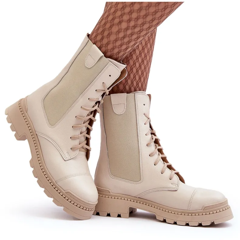 Bottes de travail en cuir à lacets pour femmes Beige clair Nicole 2836